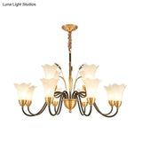 Floral Shaped White Glass Chandelier - Traditional 6/8/12 Lights Study Room Ceiling Light In Brass