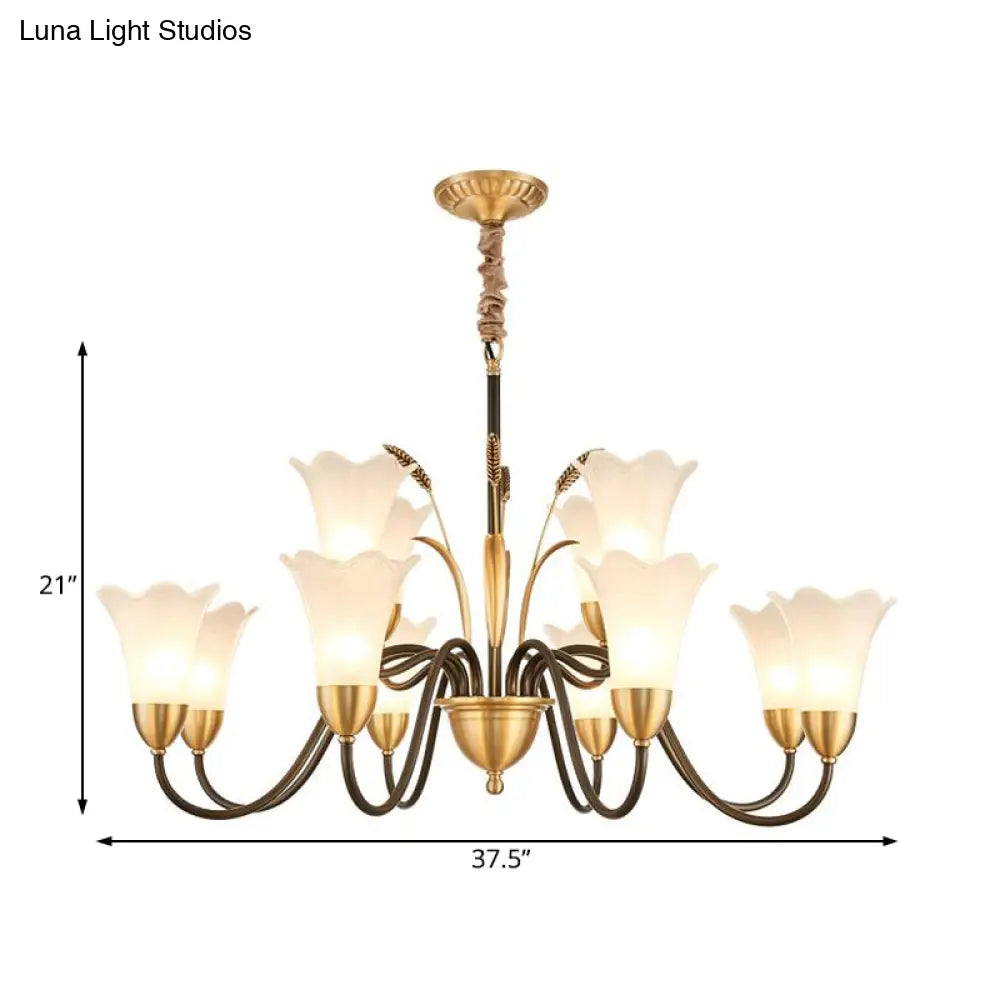 Floral Shaped White Glass Chandelier - Traditional 6/8/12 Lights Study Room Ceiling Light In Brass
