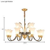 Floral Shaped White Glass Chandelier - Traditional 6/8/12 Lights Study Room Ceiling Light In Brass