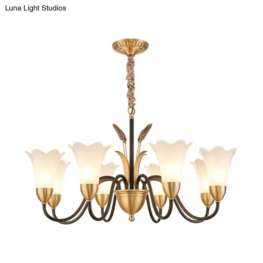 Floral Shaped White Glass Chandelier - Traditional 6/8/12 Lights Study Room Ceiling Light In Brass