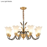 Floral Shaped White Glass Chandelier - Traditional 6/8/12 Lights Study Room Ceiling Light In Brass