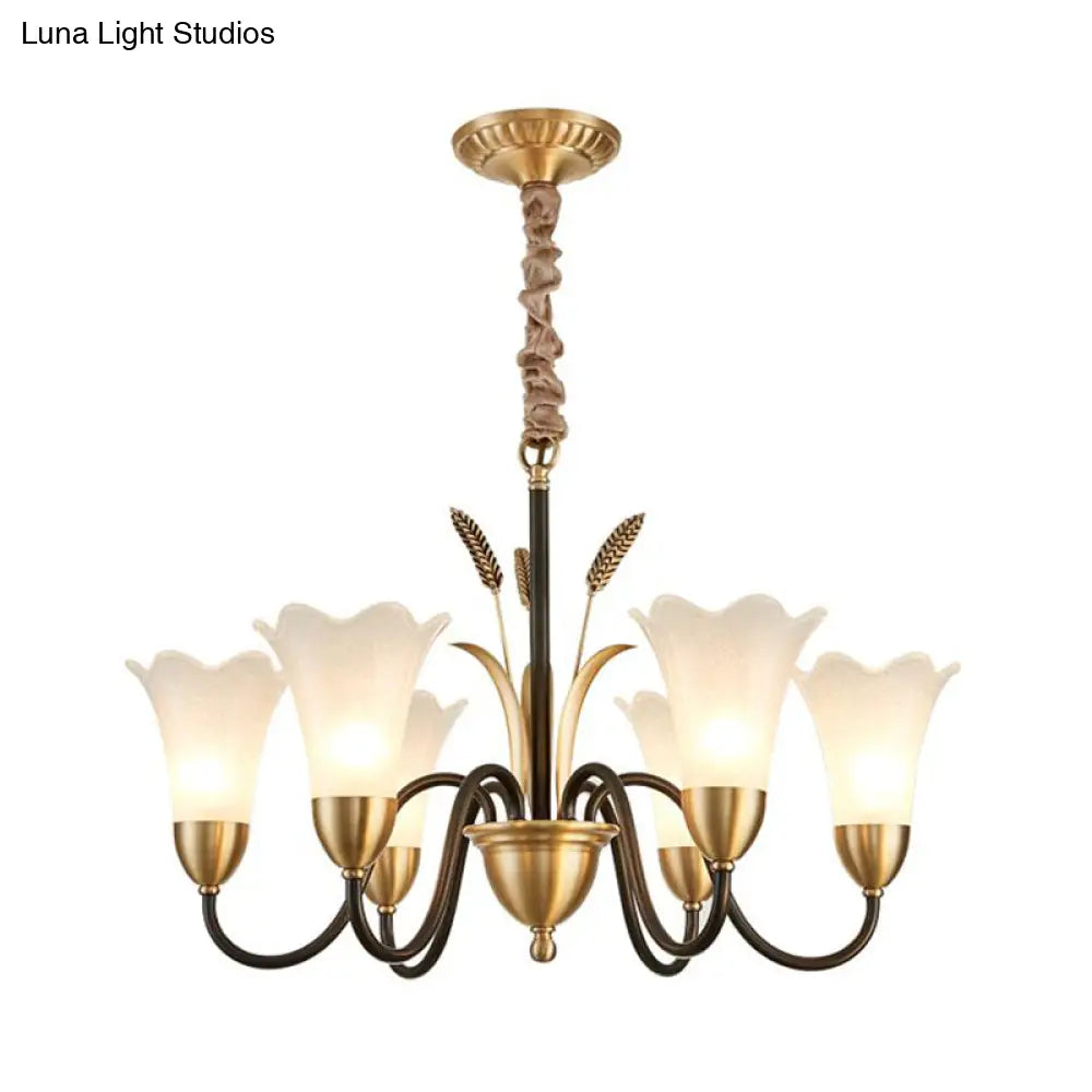 Floral Shaped White Glass Chandelier - Traditional 6/8/12 Lights Study Room Ceiling Light In Brass