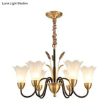 Floral Shaped White Glass Chandelier - Traditional 6/8/12 Lights Study Room Ceiling Light In Brass
