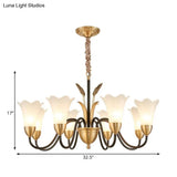Floral Shaped White Glass Chandelier - Traditional 6/8/12 Lights Study Room Ceiling Light In Brass