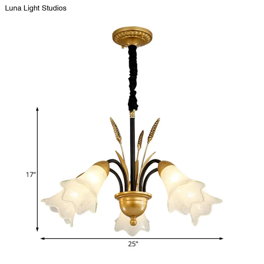 Floral Shaped White Glass Chandelier - Traditional 6/8/12 Lights Study Room Ceiling Light In Brass