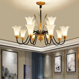 Floral Shaped White Glass Chandelier - Traditional 6/8/12 Lights Study Room Ceiling Light In Brass