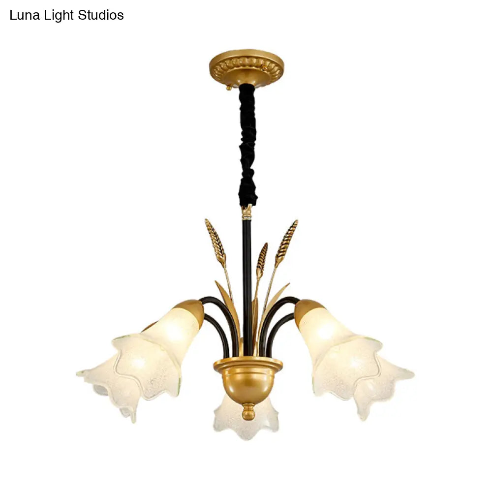 Floral Shaped White Glass Chandelier - Traditional 6/8/12 Lights Study Room Ceiling Light In Brass