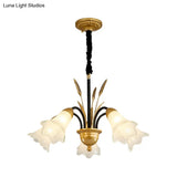 Floral Shaped White Glass Chandelier - Traditional 6/8/12 Lights Study Room Ceiling Light In Brass