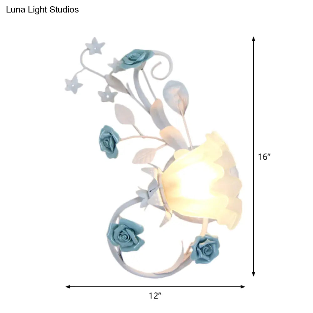 Flower Shade Frosted Glass Wall Sconce - Countryside 1-Light Bedroom Lamp In White