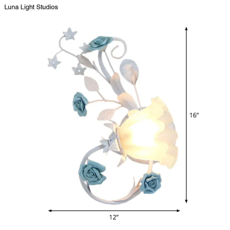 Flower Shade Frosted Glass Wall Sconce - Countryside 1-Light Bedroom Lamp In White