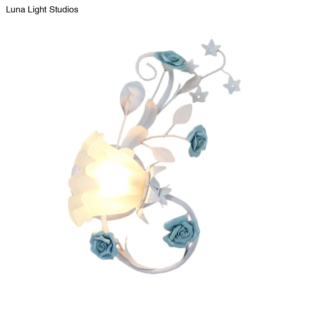 Flower Shade Frosted Glass Wall Sconce - Countryside 1-Light Bedroom Lamp In White