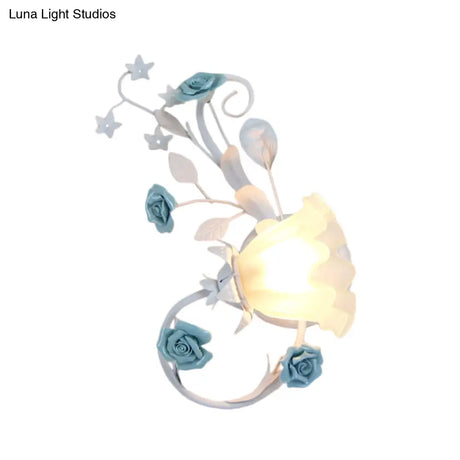 Flower Shade Frosted Glass Wall Sconce - Countryside 1-Light Bedroom Lamp In White
