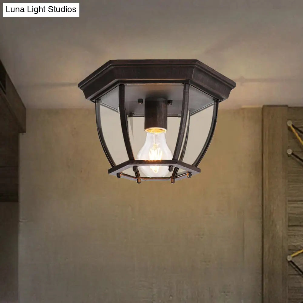 Flush Mount Cage Light Fixture In Rust With Clear Glass For Balcony - Traditional Style