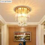 Flush Mount Clear Crystal Ceiling Light Fixture In Gold - Double Layered Cylinder Design With 2
