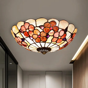 Flushmount Tiffany Shell Ceiling Light Fixture With Peony Pattern Pink 3/4 Bulbs Various Sizes / 12’