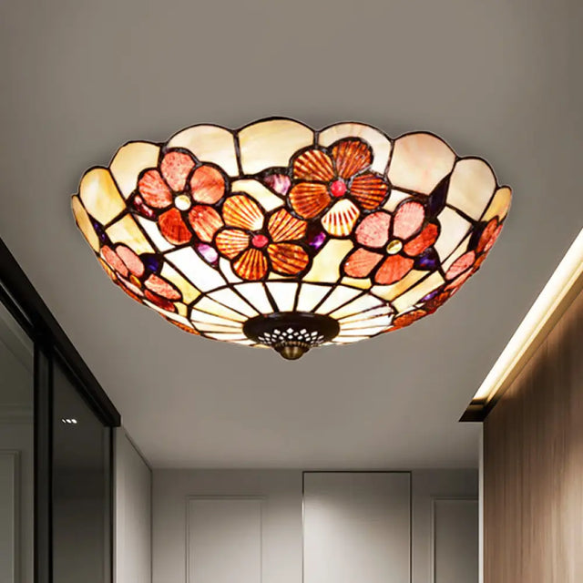 Flushmount Tiffany Shell Ceiling Light Fixture With Peony Pattern Pink 3/4 Bulbs Various Sizes / 12’