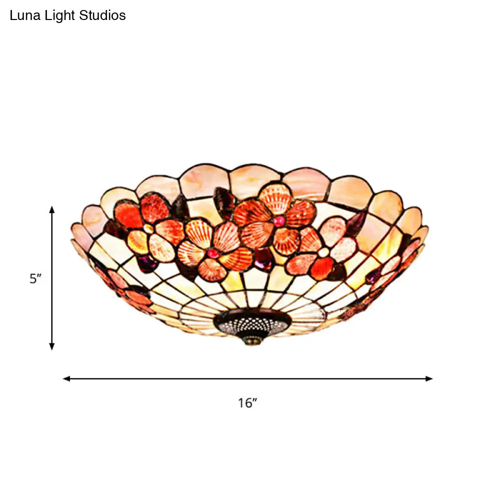 Flushmount Tiffany Shell Ceiling Light Fixture With Peony Pattern Pink 3/4 Bulbs Various Sizes