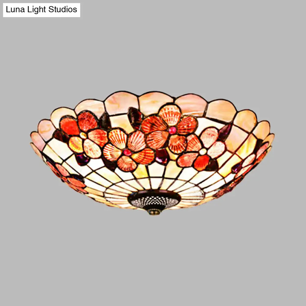 Flushmount Tiffany Shell Ceiling Light Fixture With Peony Pattern Pink 3/4 Bulbs Various Sizes