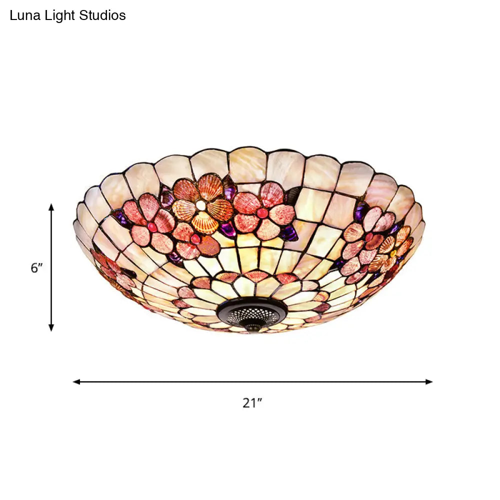 Flushmount Tiffany Shell Ceiling Light Fixture With Peony Pattern Pink 3/4 Bulbs Various Sizes