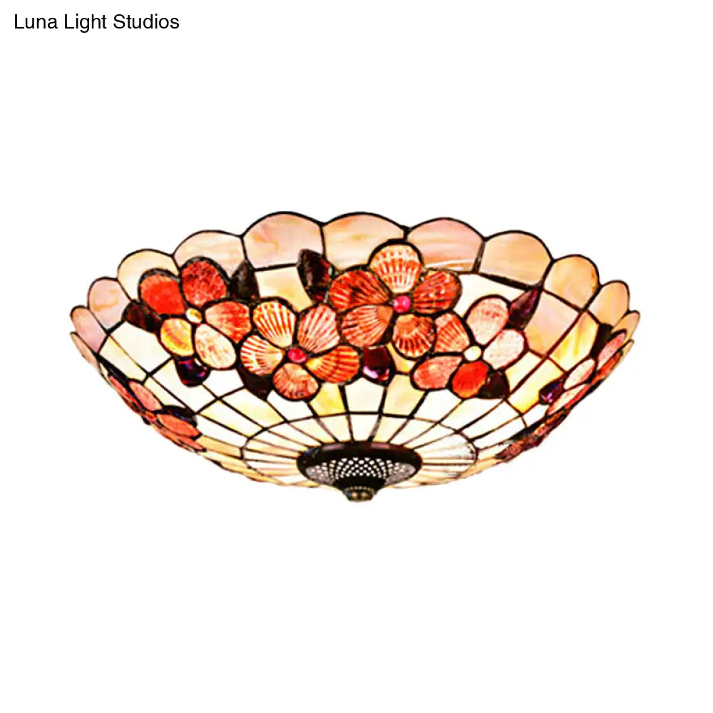Flushmount Tiffany Shell Ceiling Light Fixture With Peony Pattern Pink 3/4 Bulbs Various Sizes