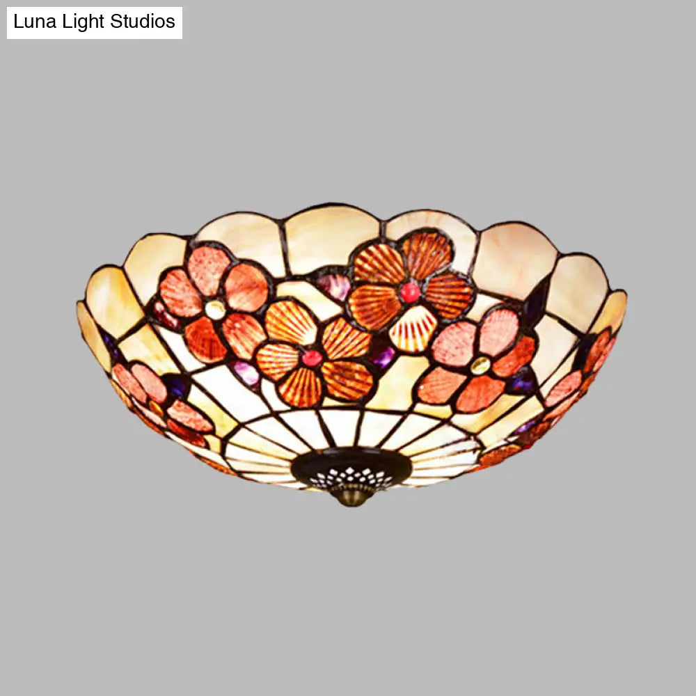 Flushmount Tiffany Shell Ceiling Light Fixture With Peony Pattern Pink 3/4 Bulbs Various Sizes