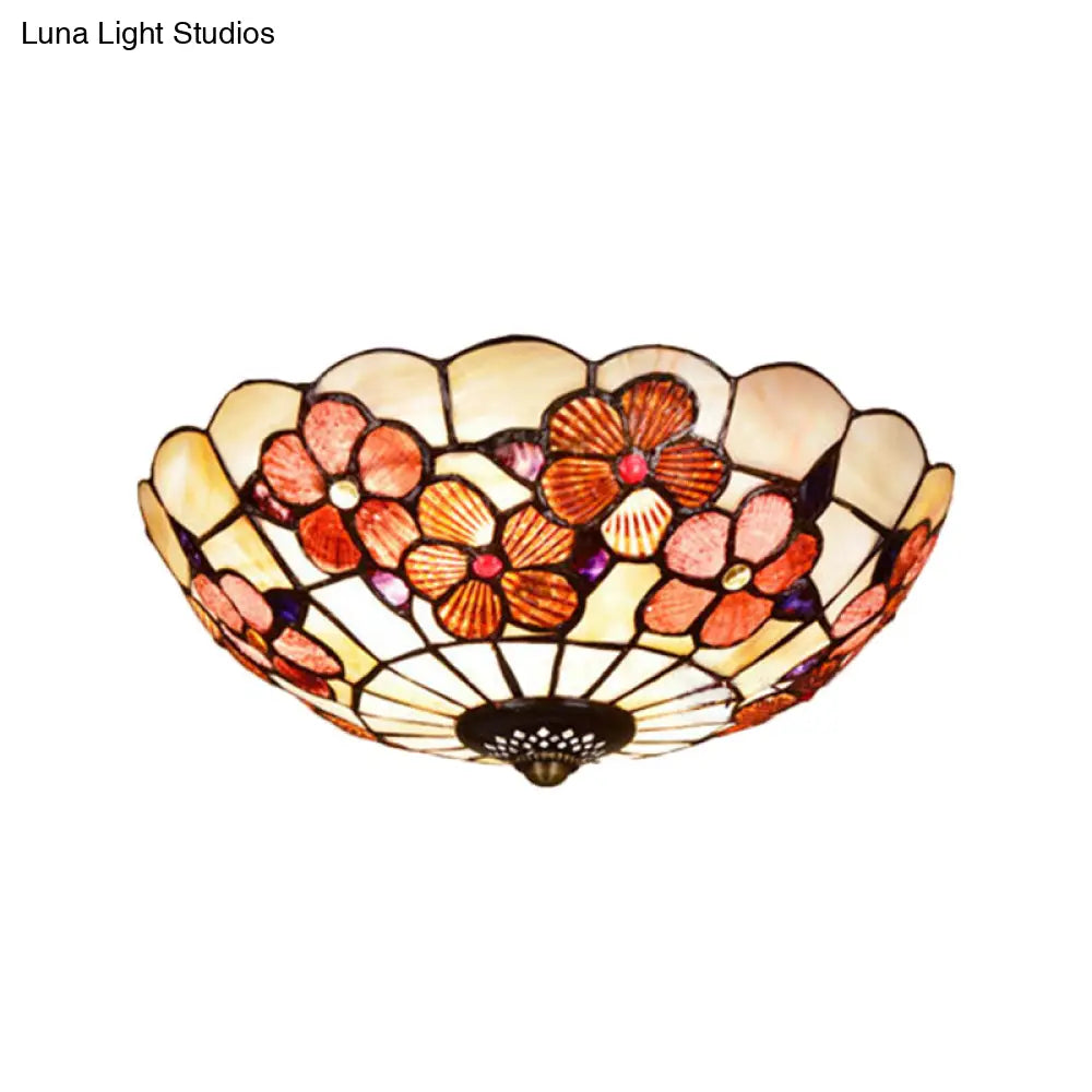 Flushmount Tiffany Shell Ceiling Light Fixture With Peony Pattern Pink 3/4 Bulbs Various Sizes