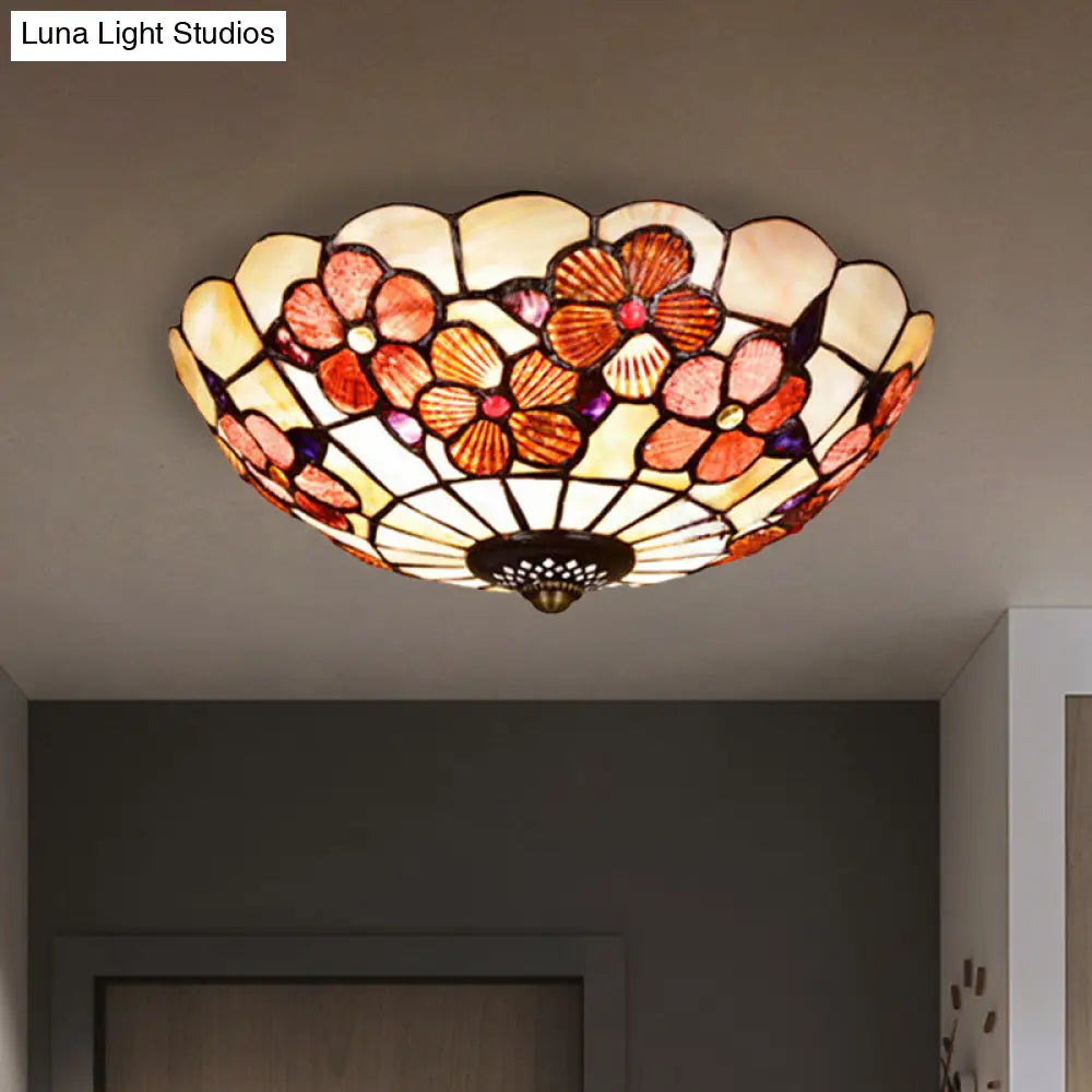 Flushmount Tiffany Shell Ceiling Light Fixture With Peony Pattern Pink 3/4 Bulbs Various Sizes