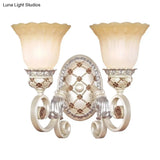 French Country Blossom Wall Sconce - Opaline Glass Lighting With Swirl Arm In Gold