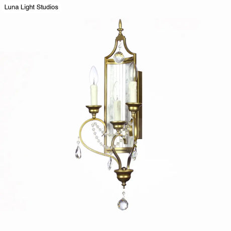French Country Candle Sconce Lamp 3-Light Metallic Wall In Gold With Crystal Decoration