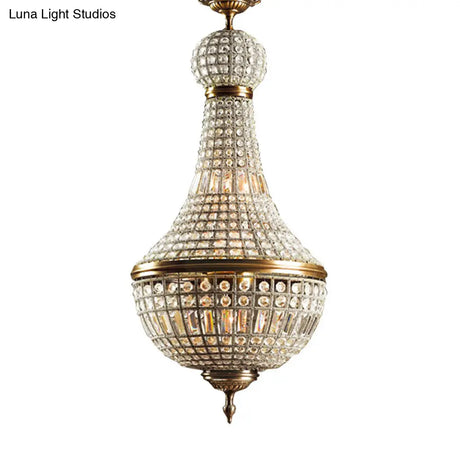 French Country Crystal Bedroom Ceiling Pendant Light Fixture - Brass Empire Chandelier