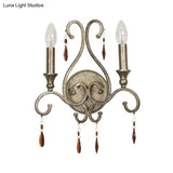 French Country Iron Candle Wall Sconce With Crystal Deco - Aged Silver 2-Light Fixture