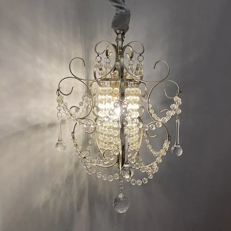 French Country Metal Scroll Bedside Pendant Light With Crystal Bead Silver