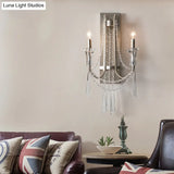 French Country Style 2-Bulb Candle Wall Lamp With Crystals - Brushed Silver Metal Light