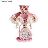 Frill Nightstand Lighting Kids Night Light With Purple-Pink Fabric Lace Trim And Clock