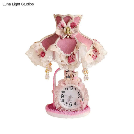 Frill Nightstand Lighting Kids Night Light With Purple-Pink Fabric Lace Trim And Clock