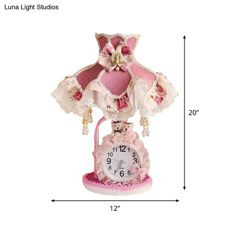 Frill Nightstand Lighting Kids Night Light With Purple-Pink Fabric Lace Trim And Clock