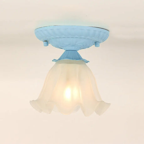 Frost Glass Ruffle Semi Flush Ceiling Light - Single - Bulb Pastoral Bedroom Fixture Blue