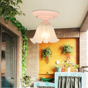 Frost Glass Ruffle Semi Flush Ceiling Light - Single - Bulb Pastoral Bedroom Fixture Pink