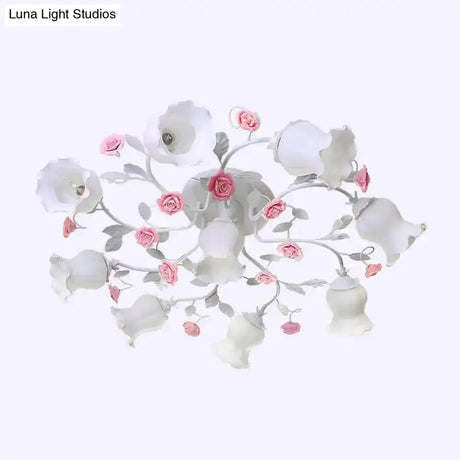 Frosted Cream Glass Ruffle Ceiling Light - 9 Lights Semi Flush Mounted Lamp For Bedrooms Pink/Green