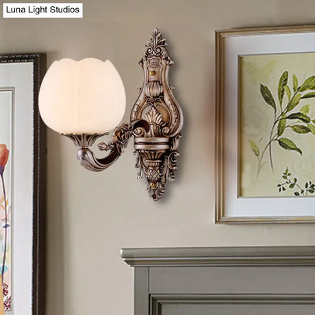 Frosted Glass Bloom Wall Light Vintage Sconce For Living Room With Curved Arm In Coffee