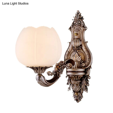 Frosted Glass Bloom Wall Light Vintage Sconce For Living Room With Curved Arm In Coffee