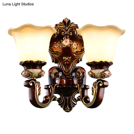 Frosted Glass Bloom Wall Sconce Light Fixture For Bedroom - Brown 1/2 Heads Countryside Lighting