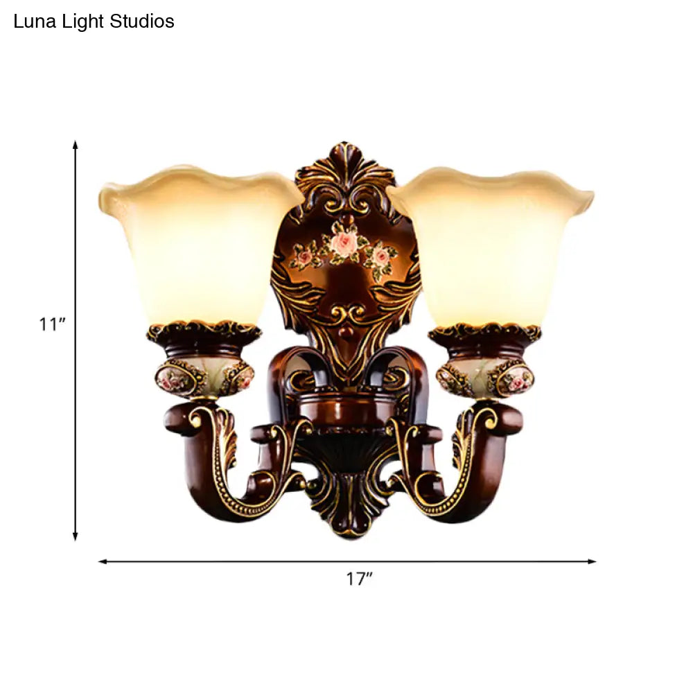 Frosted Glass Bloom Wall Sconce Light Fixture For Bedroom - Brown 1/2 Heads Countryside Lighting
