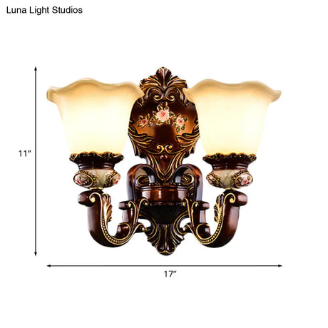 Frosted Glass Bloom Wall Sconce Light Fixture For Bedroom - Brown 1/2 Heads Countryside Lighting