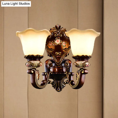 Frosted Glass Bloom Wall Sconce Light Fixture For Bedroom - Brown 1/2 Heads Countryside Lighting