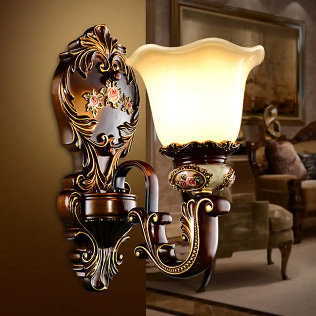 Frosted Glass Bloom Wall Sconce Light Fixture For Bedroom - Brown 1/2 Heads Countryside Lighting 1 /