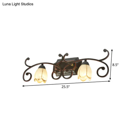 Frosted Glass Blossom Vanity Lamp: Antiqued 2/3 Heads Bathroom Twig Design Wall Lighting (Red Brown)