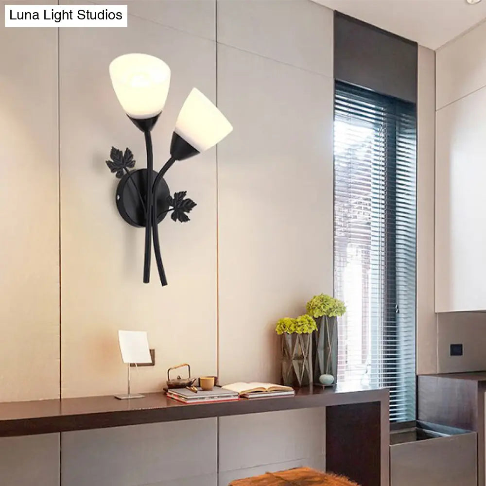 Frosted Glass Bowl Sconce - Contemporary 1/2-Light Hall Wall Mount Fixture With Leaf-Shaped Decor