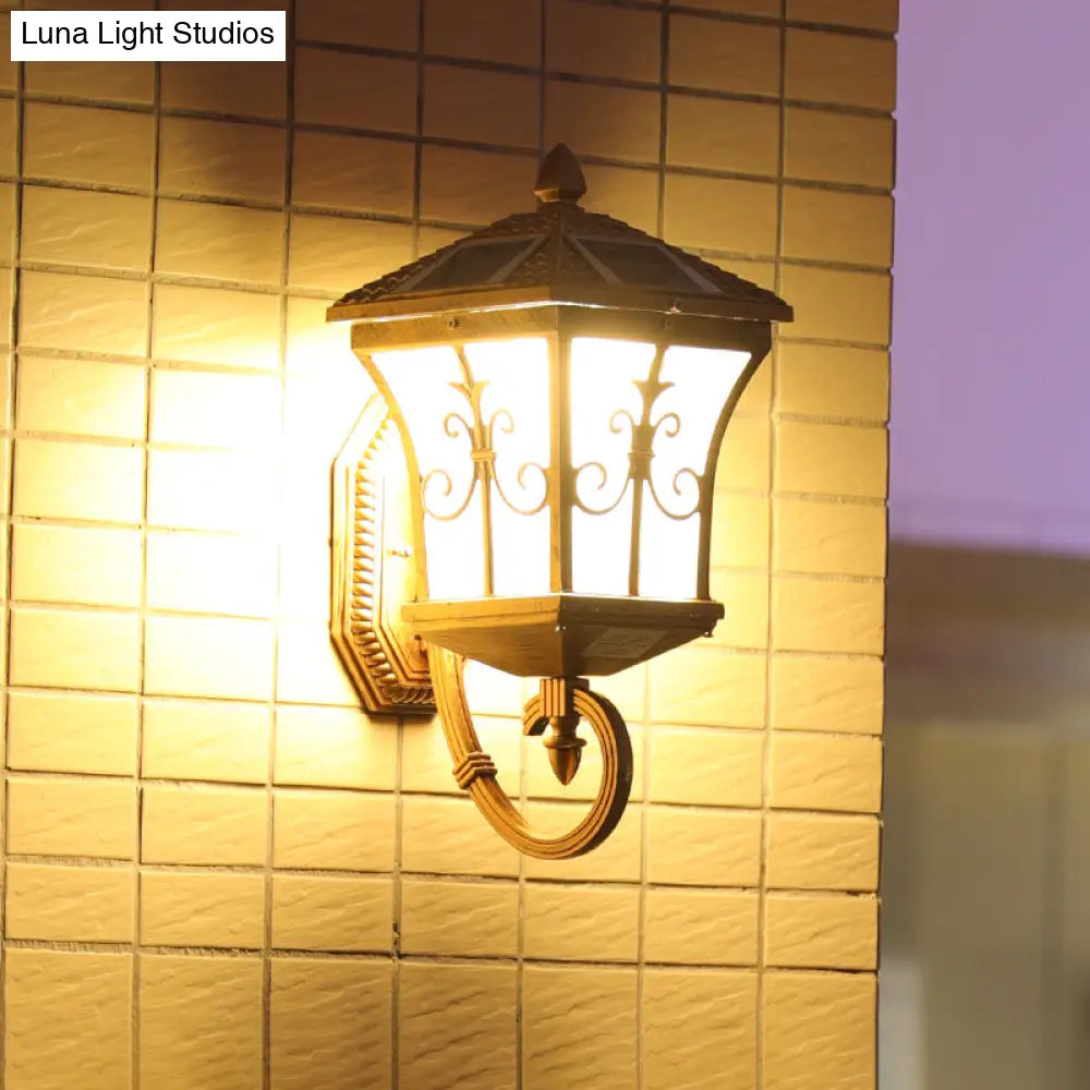 Frosted Glass Brass Wall Sconce - Tapered Traditional Light With Scrolls