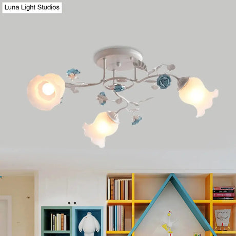 Frosted Glass Bud Semi Flush Chandelier In Pink/Blue/Blue - White - Ceiling Mount Lamp For
